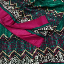 Indian Vintage Sari Green Pink Pure Georgette Silk Printed Sarees Craft Fabric