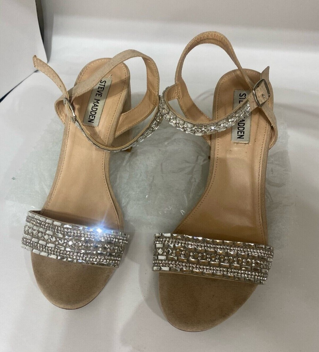 Aero Sandal Steve Madden Steve Madden Beige Rhinestone Block Heel
