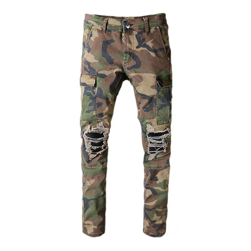Men s Skinny Camouflage Ripped Jeans Army Style Stretch Frayed Biker Slim Pants