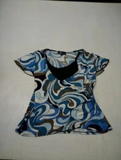 AB Studio Short Sleeve Women's Blue Brown Abstract Print Lined Blouse Small