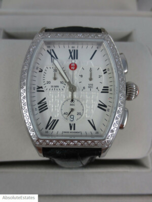 NEW Michele Releve Diamond Silver Stainless Steel Watch Alligator
