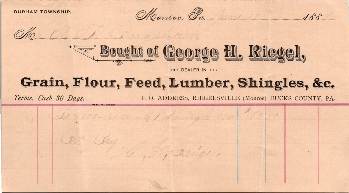 1887 George H Riegel Grain Flour Lumber Shingles Billhead