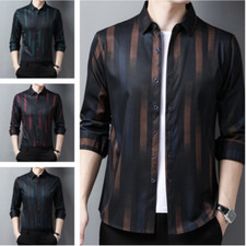 Camicia Blouse In Seta Finta Striata Per Uomo Formale Retro Casual
