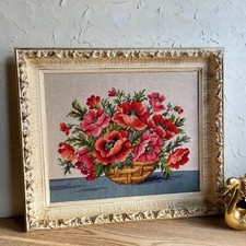 Vintage Red Poppies Needlepoint Framed --Large Poppy Flower NeedlePoint