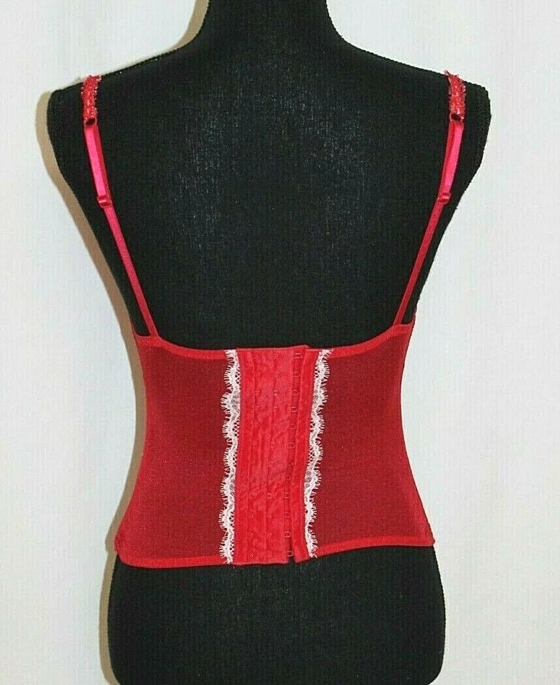 CORSET OVER BUST TANK 34B RED & WHITE LACE PADDED HOOK & EYE SPAGHETTI STRAP - Image 3 of 4