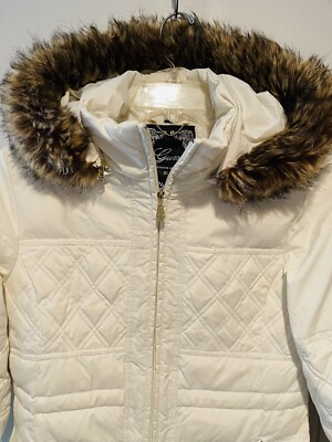 Guess Down Long Women's Medium Coat Ivory Gold Great Shape Faux