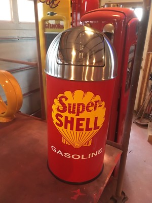 Vintage Style SUPER SHELL GASOLINE Trash Can SS Top Gas Pump Station