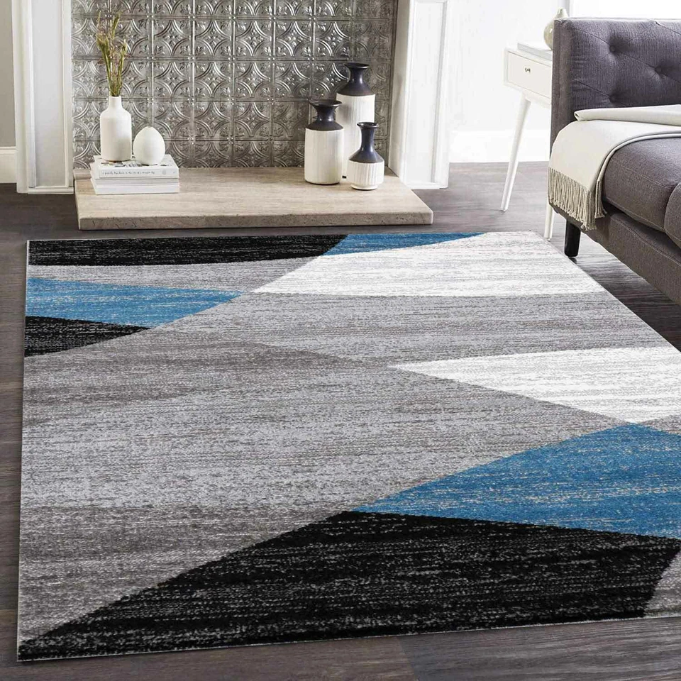 Tapis Géométrique Gris Blanc Noir Bleu Moucheté - Photo 2/4