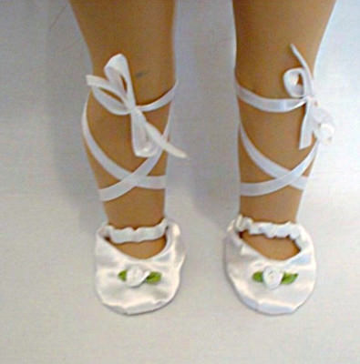 White Satin Ballet Slippers with Rosebud Design Fits 18inch Girl Dolls
