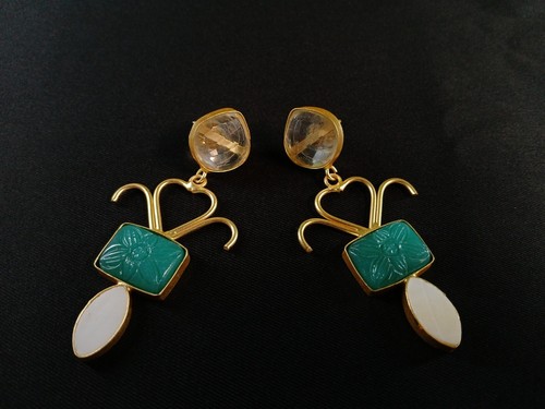 Vintage Golden Colour Blue Stone Drop Stud Earrings for Women and Girls