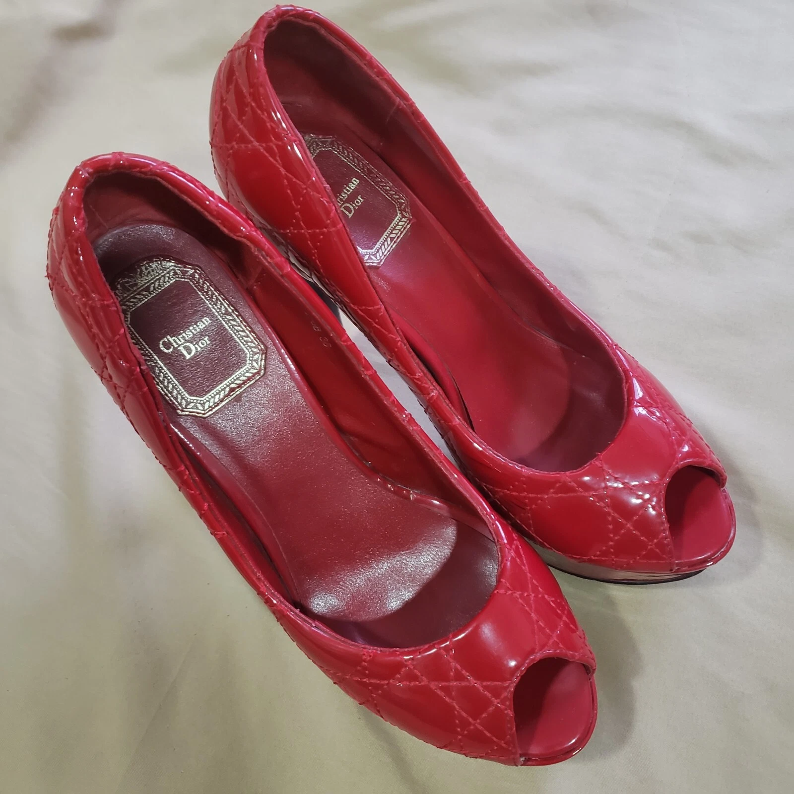 Auth Christian Dior métal cannage talon plateforme bout ouvert escarpins rouge pointure 36