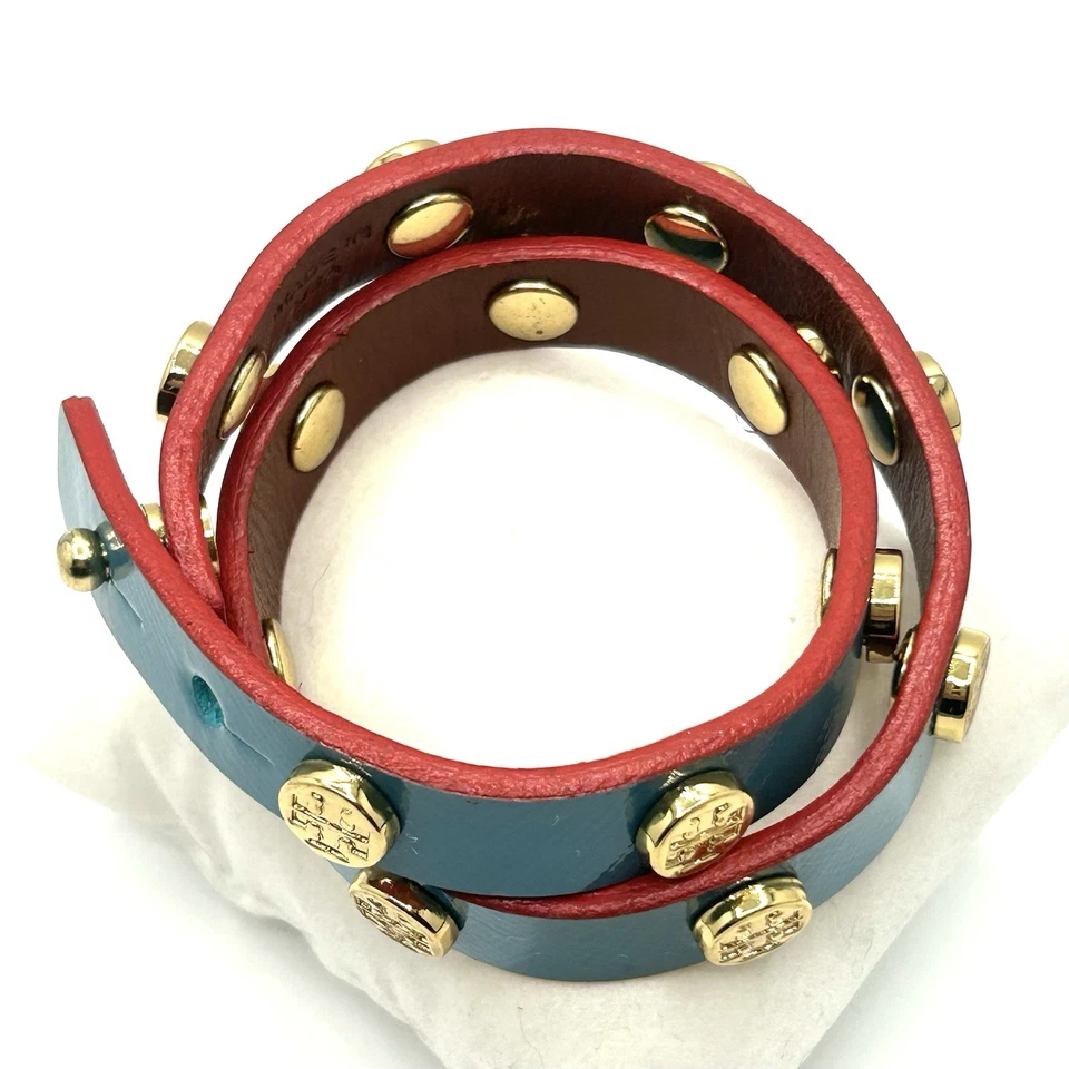 Brazalete TORY BURCH Azul Teal Doble Envoltura Cuero Tono Dorado Latón TT Logo Foto 4 de 4