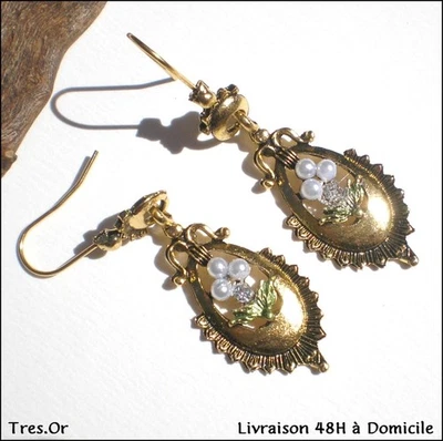 Boucles d'Oreille PERLES & DIAMANT ZIRCON LAITON DORÉ Livrées en 48H à DOMICILE - Photo 1/4