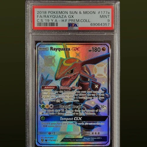 2018 POKEMON CELESTIAL STORM #177A FULL ART/RAYQUAZA GX PSA 9