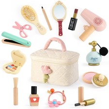 Wooden Makeup Toy Set, 15Pcs Hair Salon Girl Toys Pretend Play Makeup Kit wit...