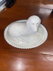 Vintage Milk Glass White Nesting Dog Covered Dish with Lid