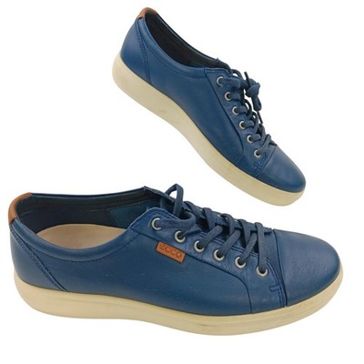Ecco Shoes Mens Size 44 Blue Soft 7 Leather Lace Up Comfort Sneakers Wide