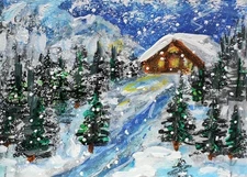 ACEO Original Winter CABIN Pine Tree PAINTING Snow Holiday XMAS Landscape ART