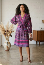 NWT Express Size S/P Boho Ikat Medallion Print Tie-Front Dress Purple Magenta