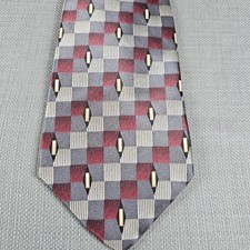 John Henry Mens Silk Tie Grey Burgundy Red Geometric Checkered Made in USA