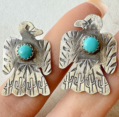 Thunderbird Navajo Earrings Turquoise Stamped Sterling 925 Post Stud Native Amer
