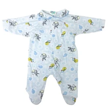 Vintage Baby Looney Tunes Tweety Bugs Bunny Footed Bodysuit Blue - 0-3 Months