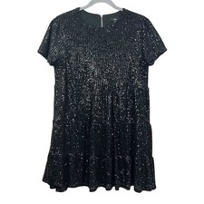 Lulus Women's Black Sequin Mini Dress Size M Babydoll Tiered Short Sleeve