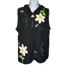 Quacker Factory Sweater Vest Daisy Bees Hooded Zip Up Embellished Embroidered Lg