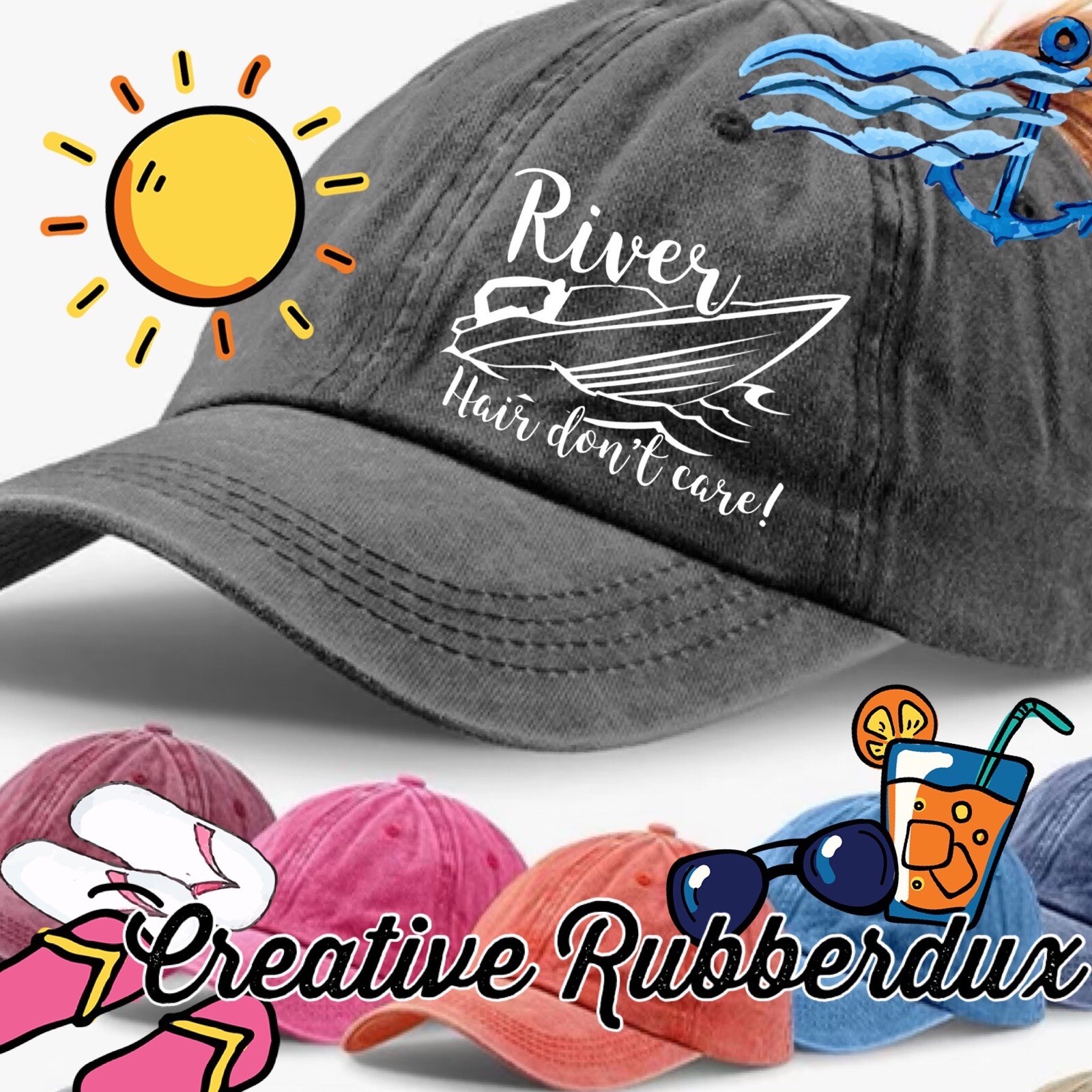 Black Distressed “ RIver Hair Don’t Care” Woman Pony Tail Cap Hat