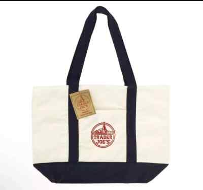 Trader Joe's Largest 22 X14 Reusable Canvas Eco Tote Heavy Duty Bag Blue & White