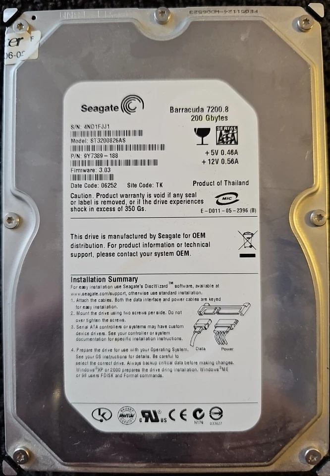 FESTPLATTE SEAGATE BARRACUDA 7200.8 ST3200826AS 200GB 7.2K 8MB SATA 3.5''