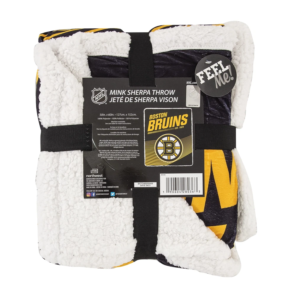 NHL Boston Bruins Mink Sherpa Throw Blanket, 50" x 60", New School - Image 4 of 4