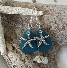Hawaiian Jewelry Sea Glass Earrings, Twin Starfish Earrings Teal Earrings,