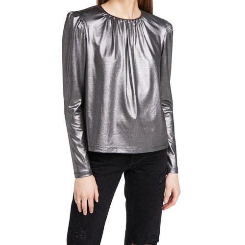 Derek Lam Kary Top Silver Metallic Pleated Pullover Long Sleeve Sz 46 / 10 US