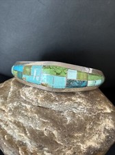 Native Mens Blue Green Turquoise Inlay Bracelet Sterling Silver 14302