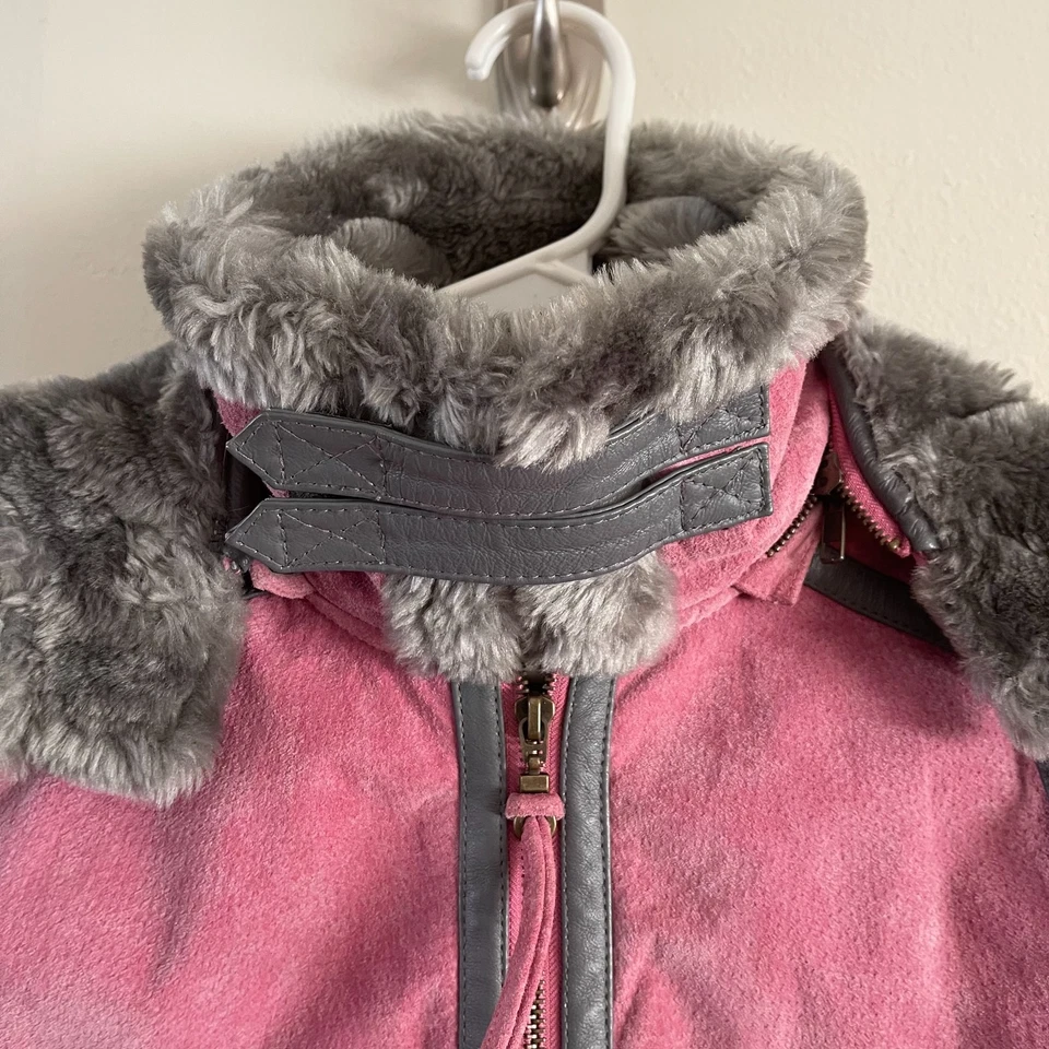 Vintage Shebang USA Genuine Pink Leather Hooded Faux Fur Coat Jacket Girl Medium - Image 4 of 4