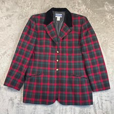 VTG Pendleton Red Green Plaid Wool Blazer Jacket Women s Size 16 Velour Collar
