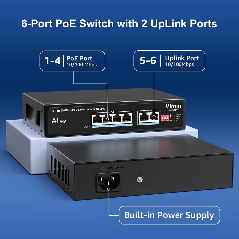 6-Port 100Mbps PoE Switch+2 Uplink, VIMIN 4-Port Unmanaged Network PoE Switch - Image 2 of 4