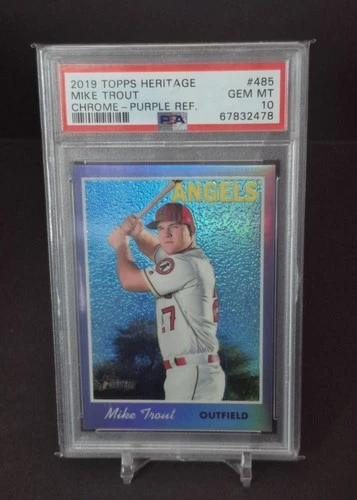 2019 TOPPS HERITAGE #485 MIKE TROUT CHROME PURPLE REFRACTOR PSA 10
