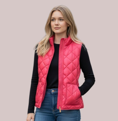 Kate Spade Pom Pom Pink Quilted Puffer Vest Gold Zipper Pockets Large $208 NWT