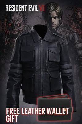 Resident Evil 6 Leon Kennedy RE6 Cosplay Mens Black Leather Jacket Biker Coat