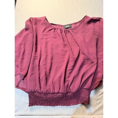 By & By Womens Smocked Waist Chiffon Blouse Split Flutter Sleeve Burgundy Large