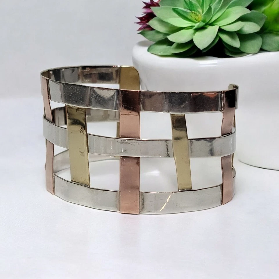 Brazalete 7.25 Firmado RLM Robert Lee Latón Cobre Esterlina Tejido Ancho Diseño Brazalete Foto 2 de 4