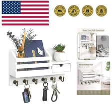 Key and Mail Holder for Wall, Mail Organizer Wall Mount with 6 Hooks and Stor...