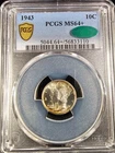 1943 MERCURY DIME PCGS GRADED MS64+ CAC 10C TONED OBVERSE MERC