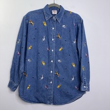 VTG Disney Store Winnie The Pooh Friends Embroidered Denim Shirt Womens Large