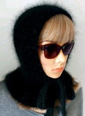 Knitted Angora Hood with ties, Knitted hood, Gestrikste Kapuze, Knitted Wool hat