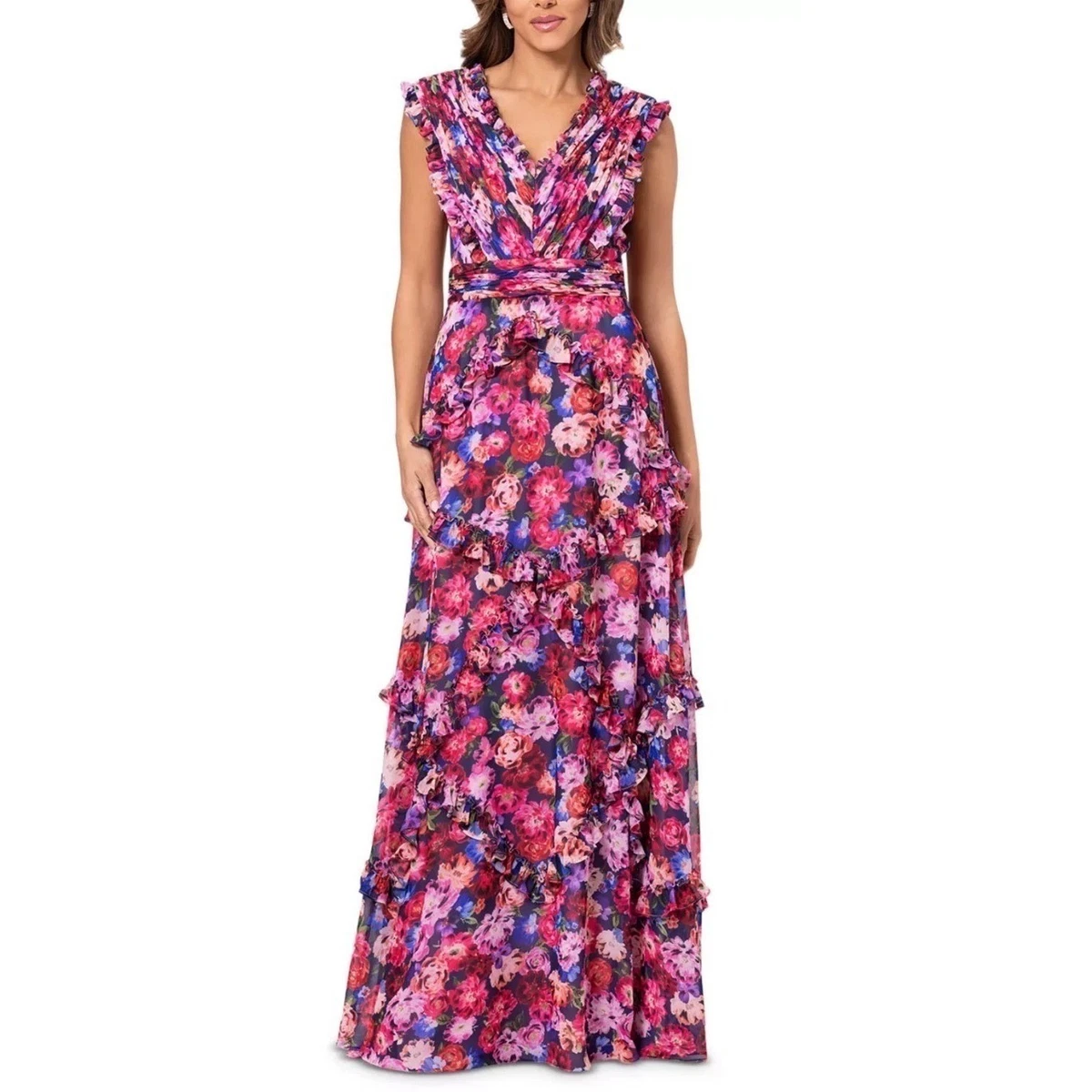 chinese dress ladies Veda Long Sleeve Floral Tiered Ruffle Maxi Dress Blue