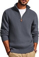 Mens Quarter Zip Pullover Sweaters Casual Slim Fit Knit Texture Sweater