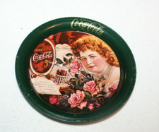 Vintage Drink Coca Cola Tin Metal Coaster 1983 w/ Lady with Flowers